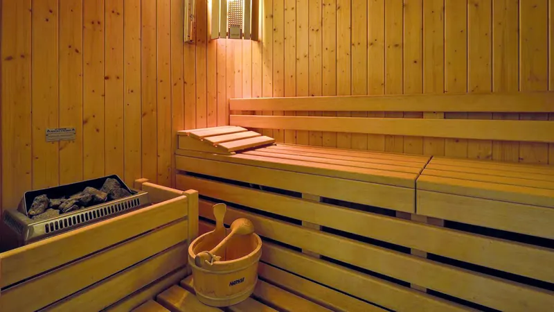 Sauna with wooden benches, a stone heater and a water bucket